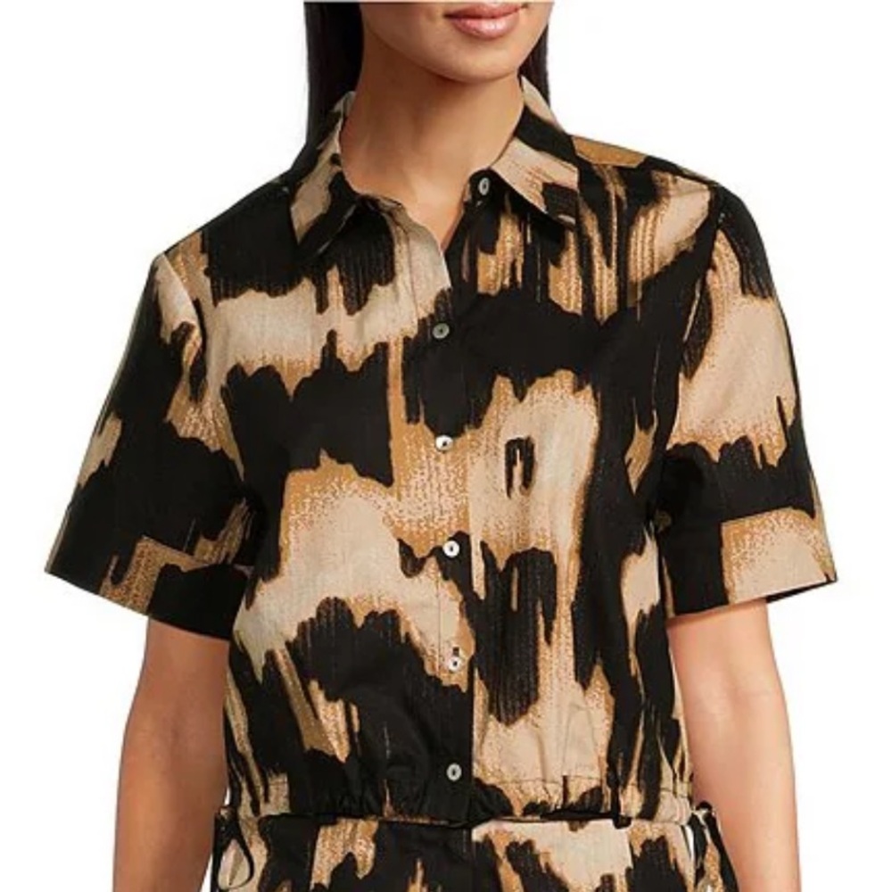 Printed Button Down Short Sleeve Cropped Shirt